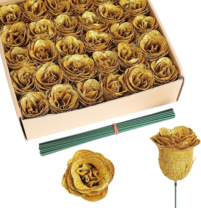 Gold Roses,30PCS Glitter Roses Bouquet Artificial Roses with Stems for Wedding Bouquet Party Christmas Home Decor(Gold)