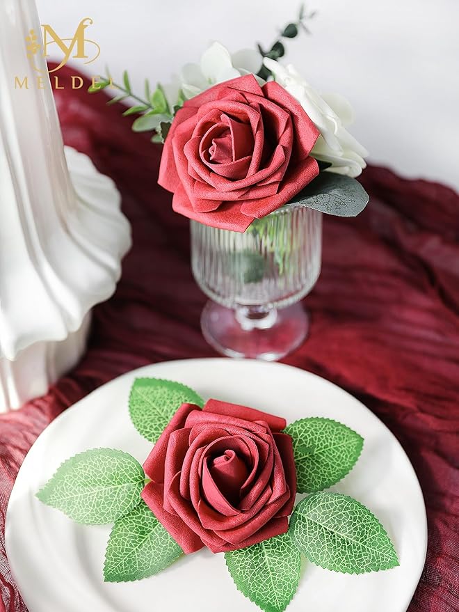 Meldel Artificial Flower 25pcs Real Looking Red Fake Foam Roses with Stems for DIY Wedding Bouquets Gifts Bridal Shower Faux Floral Centerpieces Arrangements Home Party Tables Decorations