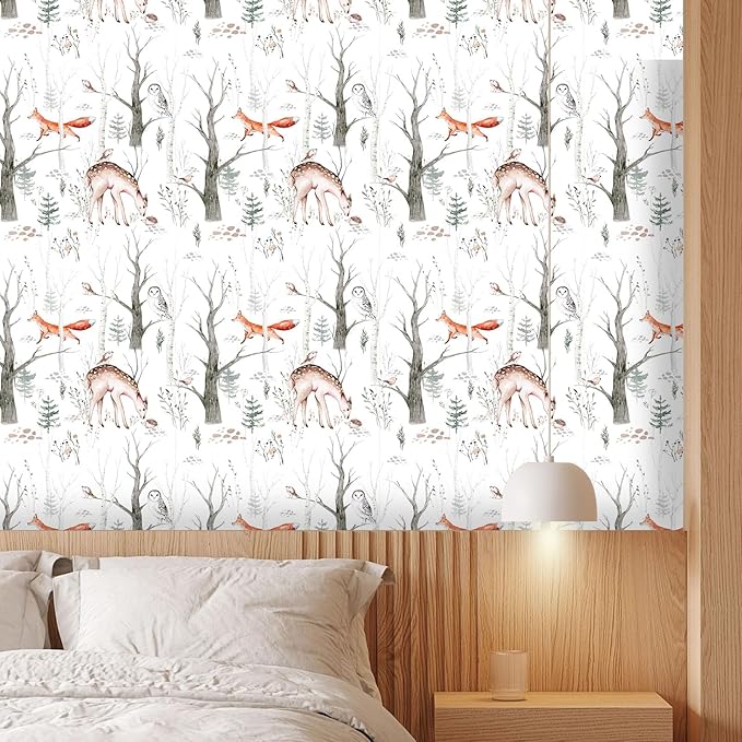 Forest Animals Peel & Stick Wallpaper - Self Adhesive Plants & Vintage Pattern - Removable Wallpaper for Bathroom - 17.71in X 118.1in