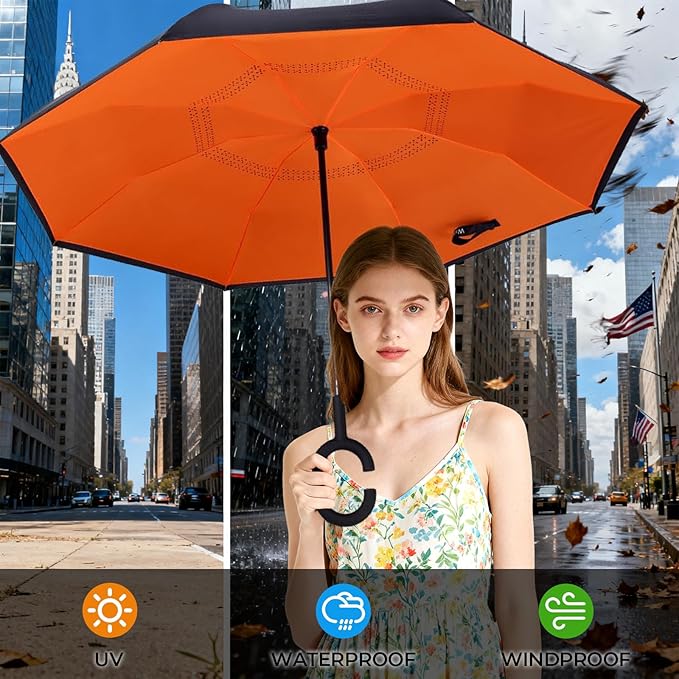 Inverted Umbrella, 49 Inch Double-Layer Vented Reverse Umbrella, Windproof Waterproof UV Protection, Lightweight C-Handle, Fiberglass Ribs, Steel Shaft, Travel/Commute/Car Use, With Sleeve