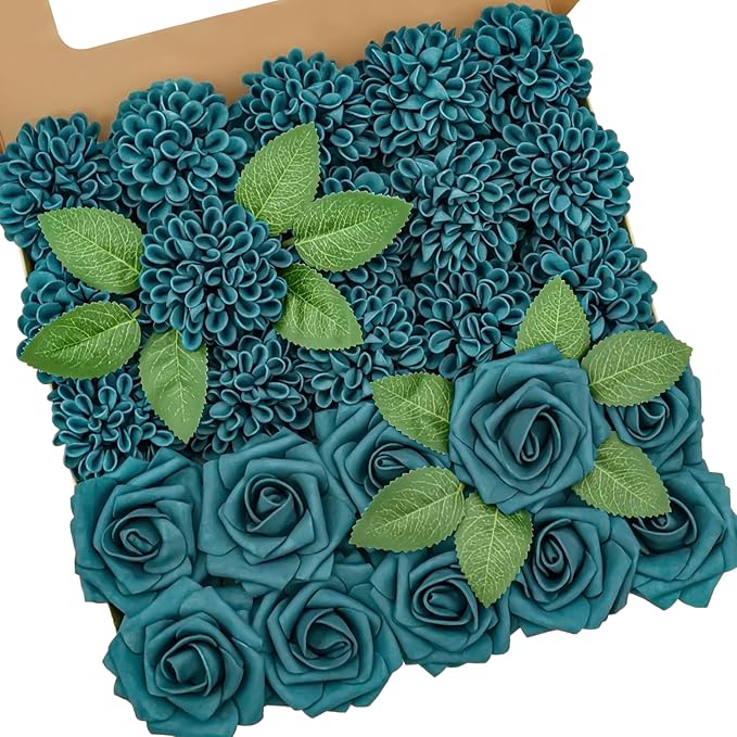 Artificial Flowers, 25pcs Dark Teal Artificial Rose for DIY Wedding Bouquets Centerpieces Arrangements, Dark Teal Rose and Dahlia Flowers with Stem for Bridal Shower Party Home Decorations