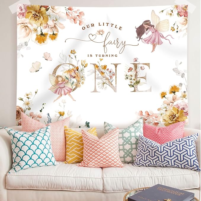 Floral Fairy 1st Birthday Backdrop for Photography Flowers Fairy Tale Tea Wonderland Princess Girl Happy First Birthday Party Background Decoration Banner Supplies Photo Booth Props 7x5ft