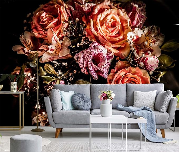 Black Floral Wallpaper Yellow Peony Rose Flower Wall Mural for Bedroom Living Room (Not Self-Adhesive)