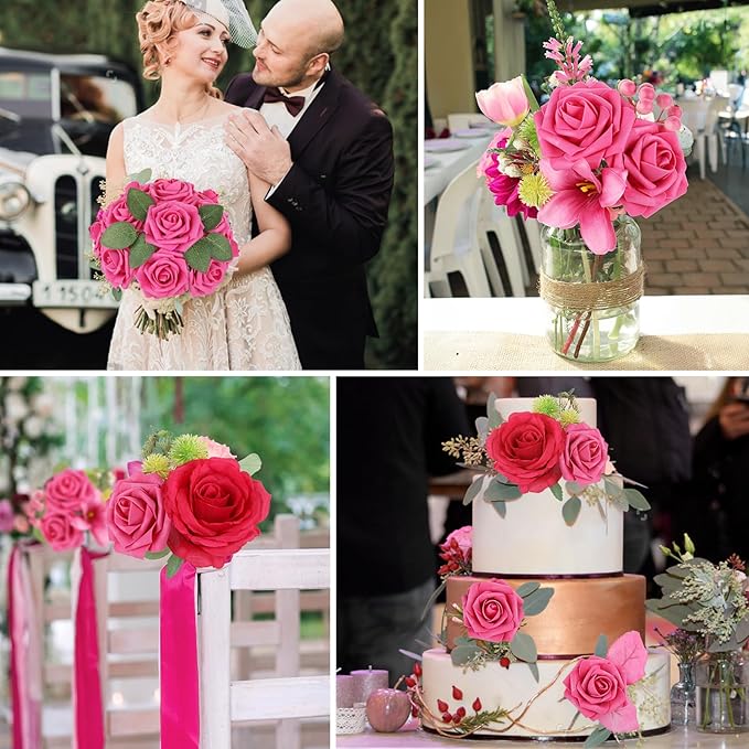 AmyHomie 25pcs Real Looking Artificial Hot Pink Roses w/Stem for DIY Wedding Bouquets Centerpieces Arrangements Party Baby Shower Valentines Day Christmas Tree Decorations