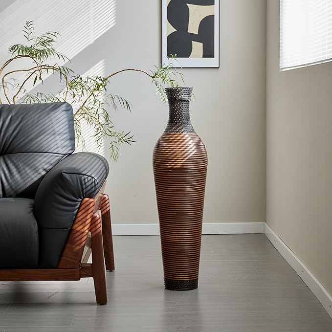 Large Hand-Woven Bamboo Floor Vase, Tall Home Decor Floor Vase for Fake Flower Dried, PVC Decorative Flower Holder for Living Room, Bedroom, Dining Room, Entryway, Hallway