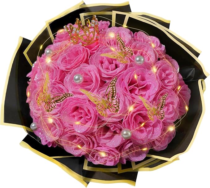 Pink Glitter Roses Bouquet, 24 Pcs Shiny Glitter Flowers Bouquet, Everlasting DIY Artificial Roses Bouquet for Christmas, Birthday, Anniversary, Wedding, Engagement