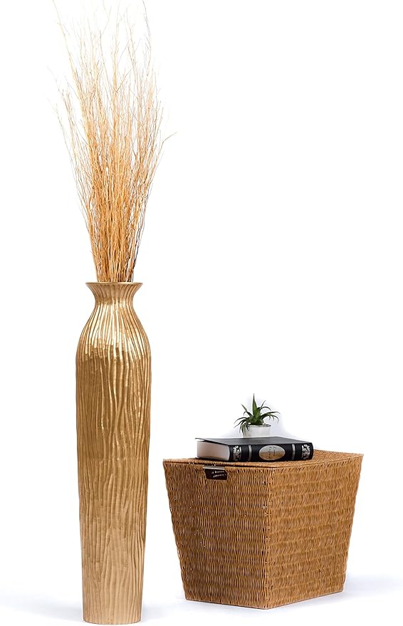 LEEWADEE Large Floor Vase – Handmade Flower Holder Made of Wood, Sophisticated Vessel for Decorative Branches and Dried Flowers, 36 inches, Golden