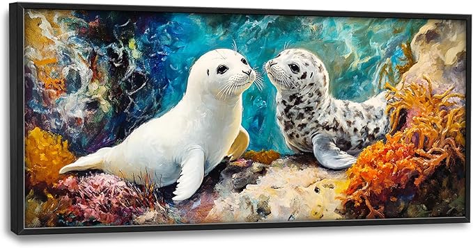 Extra Large Seal Framed Wall Art for Living Room,Oversized Underwater Animal Pictures Wall Decor,Ocean Coral Reef Canvas Print Painting Modern Artwork Bedroom Office Bathroom 60L x 30W