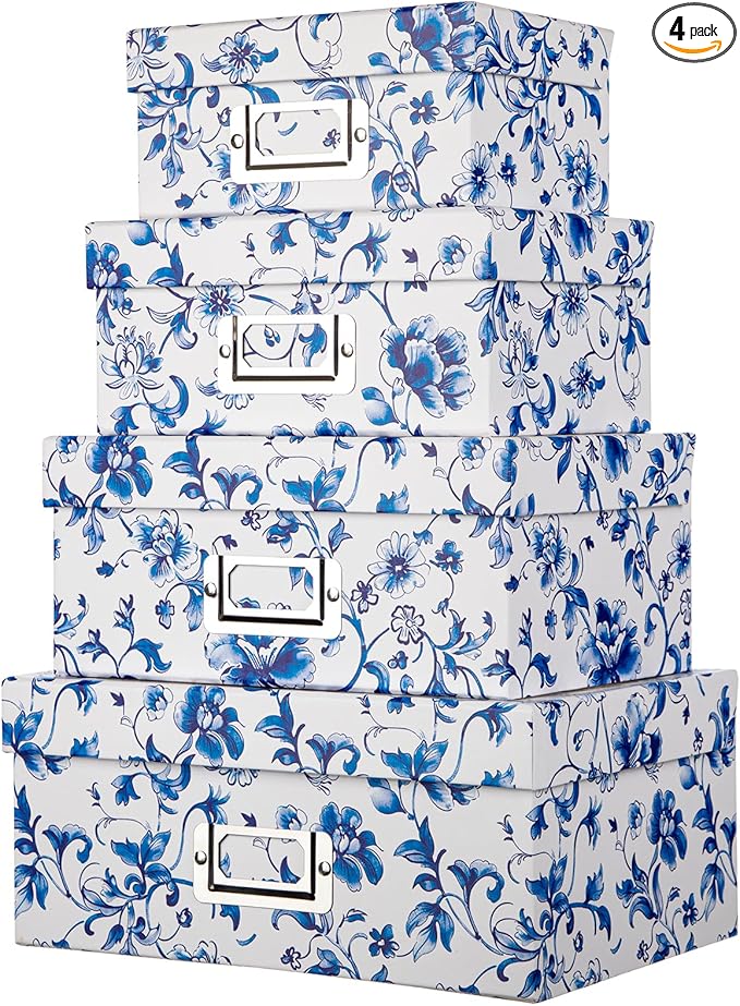 Briful Blue and White Porcelain Storage Boxes with Lids, Set of 4 – Chinoiserie Nested Card Photo Storage Box Organizer, Decorative Paperboard Box for Closet, Office, Gifts,Cosmetic,Books