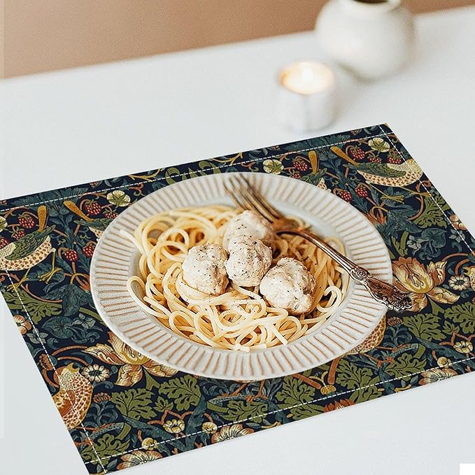William Morris Floral Placemats Set of 4, Vintage Flower Strawberry Birds Green Place Mats, Heat Resistant Non Slip Cotton Linen Dining Table Mats for Home Kitchen Party 18x12 Inch