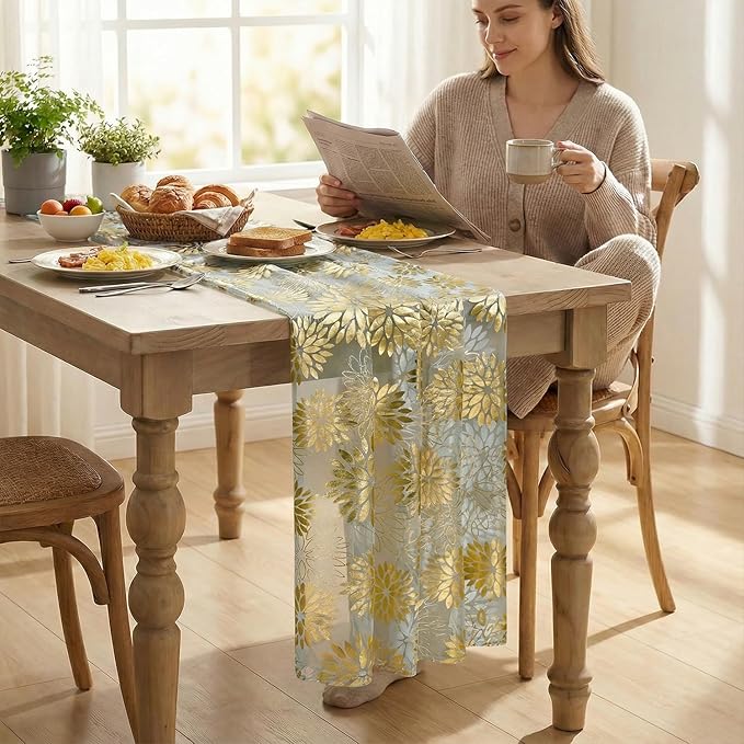 Artoid Mode Sage Green Gold Dahlia Flower Gauze Table Runner 120 Inch 10FT, Glitter Metallic Foil Sheer Cheesecloth Dining Holiday Table Decor for Home Party