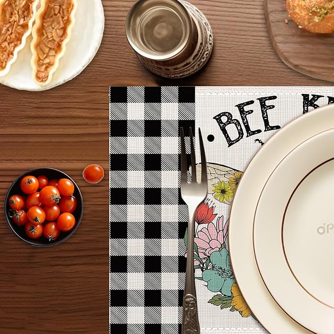 Summer Bee Placemats Set of 6,Washable Heat Resistant 12×18 Inch Linen Table Mats Sunflower Place Mats for Party Outdoor Dining Decor