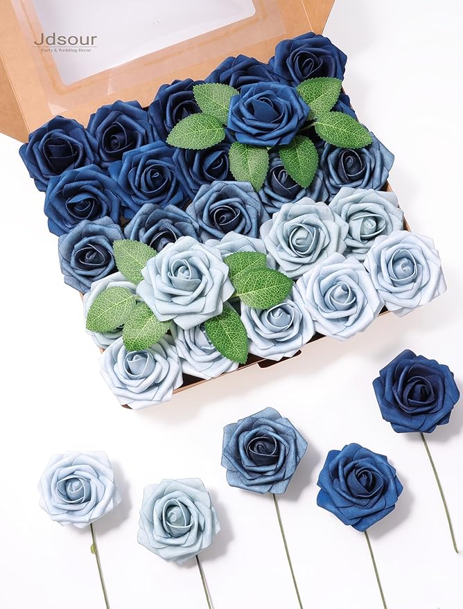 25pcs Artificial Flower，Real Looking Foam Roses w/Stem for DIY Wedding Bouquets Centerpieces Bridal Shower Party Decor-Shades of Navy Blue