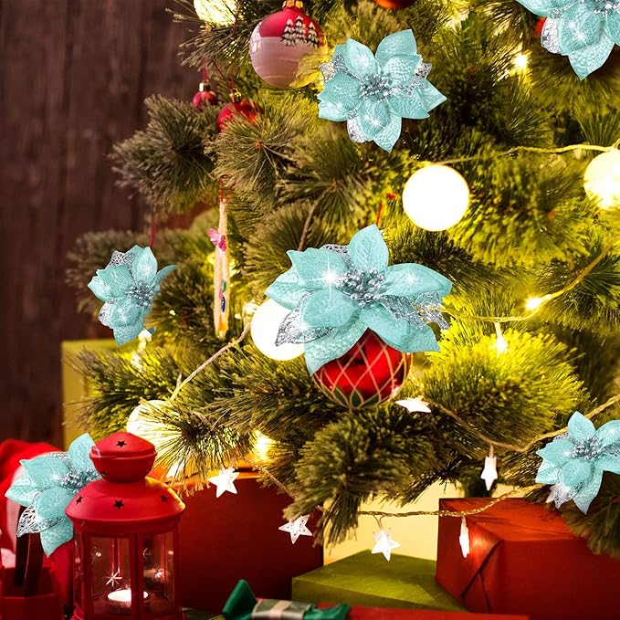 WILLBOND 36 Pieces Christmas Poinsettia Glitter Faux Flowers Christmas Artificial Flowers Tree Ornaments Topper Xmas Decorations(Blue-Green)