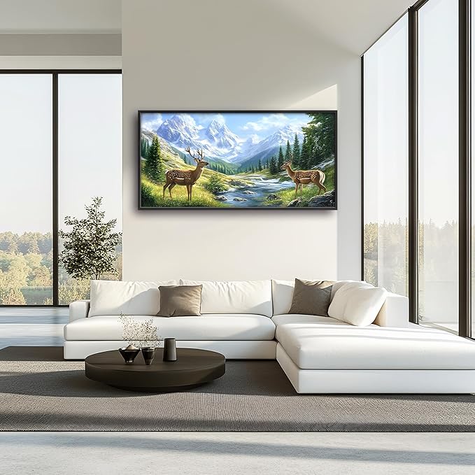 Mountain Forests Deer Large Wall Art Framed Farmhouse Wall Decor for Living Room Rustic Elk Pictures Oversized Canvas Print Painting Modern Extra Large Framed Artwork for Bedroom Office 60"x30"
