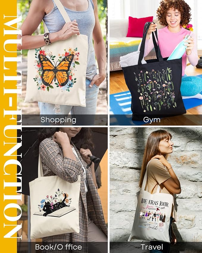 AUSVKAI Cute Canvas Tote Bag Aesthetic for Women Grocery Bag Cotton Shopping Beach Totes Gift-Flower Butterfly