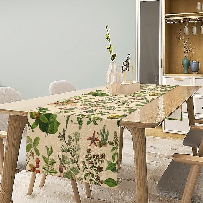 Vintage Botanical Table Runner Rustic Wildflower Plants Herbs Retro Boho Wild Floral Ferns Green Leaf Spring Summer Seasonal Dinner Runner for Home Kitchen Cabin Holiday Party Decor 13x70in