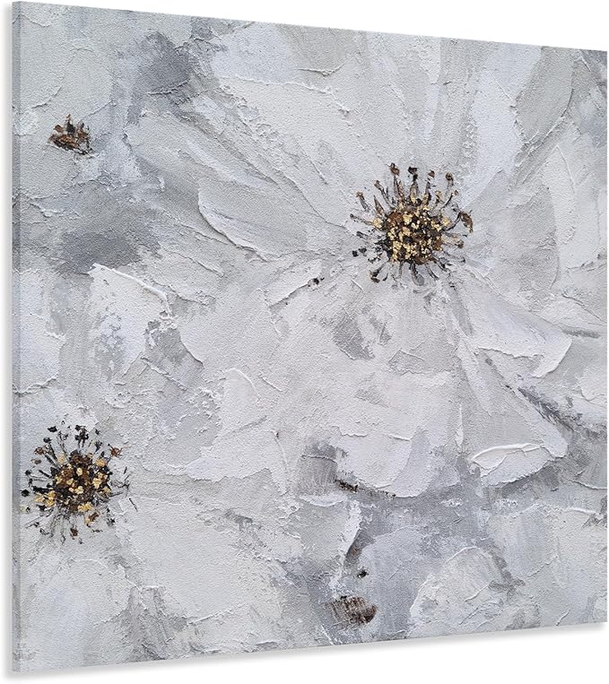 SYGALLERIER White and Gray Flower Blooms Wall Art - Handcrafted Floral Canvas with Gold Foil Embellishments Modern Flower Wall Decor for Livingroom Bedroom Bathroom 24X24