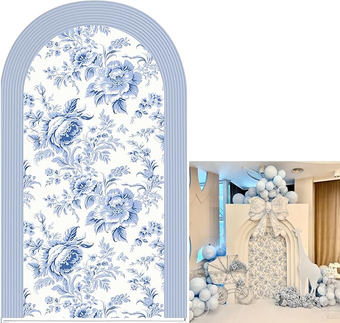 Blue and White Floral Arch Backdrop Cover Vintage Peony Arch Stand Spandex Cover Elegant Toile de Jouy Wedding Baby Shower Birthday Party Decoration French Country Style Background (G4229,4FT)