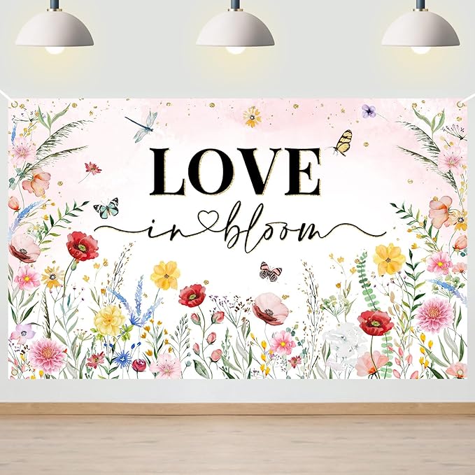 Avezano Love in Bloom Backdrop Banner 6 x 3.6 ft Floral Bridal Shower Decorations Pink Love in Bloom Wildflower Bridal Shower Party Decorations