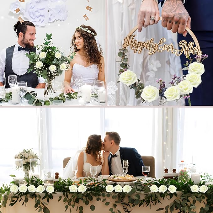 200PCS Milk White Artificial Flowers Roses Real Looking Foam Fake Roses with Leaves for DIY Wedding Bouquets Bridal Shower Party Decorations (Ivory, 200)