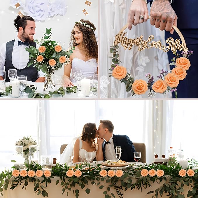 100PCS Orange Artificial Flowers Roses Real Looking Foam Fake Roses with Leaves and for DIY Wedding Bouquets Bridal Shower Centerpieces Party Decorations (Orange, 100)