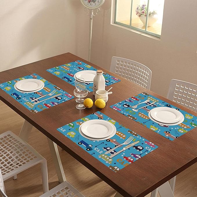 Placemats Set of 4 Retro Truck Bus and Car Place Mats Washable Table Dinner Mats Linen Table Mats for Kitchen Dining Party Home Kitchen Decor 12x18 Inch