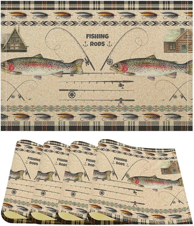 Rustic Cabin Bear Placemats Fishing Rods Lure Southwestern Check Plaid Brown Art Printed Dining Table Mats Set of 4 for Home Kitchen Holiday Picnic Party Decor 12x18in