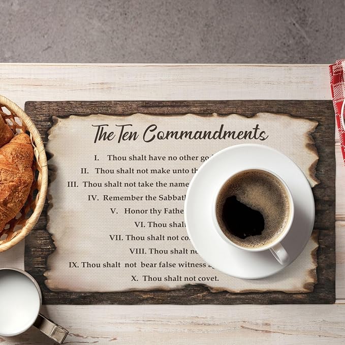 10 Commandments Placemats Set of 6, Ten Commandments Place Mats Washable Double-Sided Table Mats for Kitchen Dining Room Home Party Indoor 6 PCS 12x18 Inch