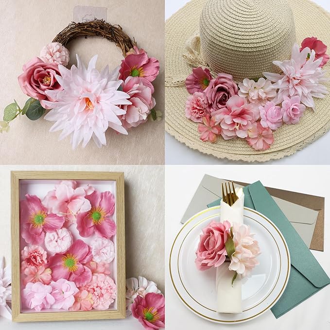 56 PCS Pink Fake Flowers Heads, Bulk Silk Flowers for Crafts, Mini Faux Flower Heads for DIY Wreath, Wedding Birthday Party Decor, Centerpieces, Home Decoration