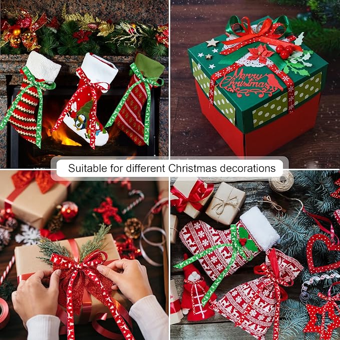 12 Rolls Christmas Wrapping Ribbons Grosgrain Satin Ribbons Red Green Gold Snowflake Merry Christmas Tree Snowman Santa Claus 10mm Wide for Holiday Festival Gift DIY Craft Decor, 60 Yard Total