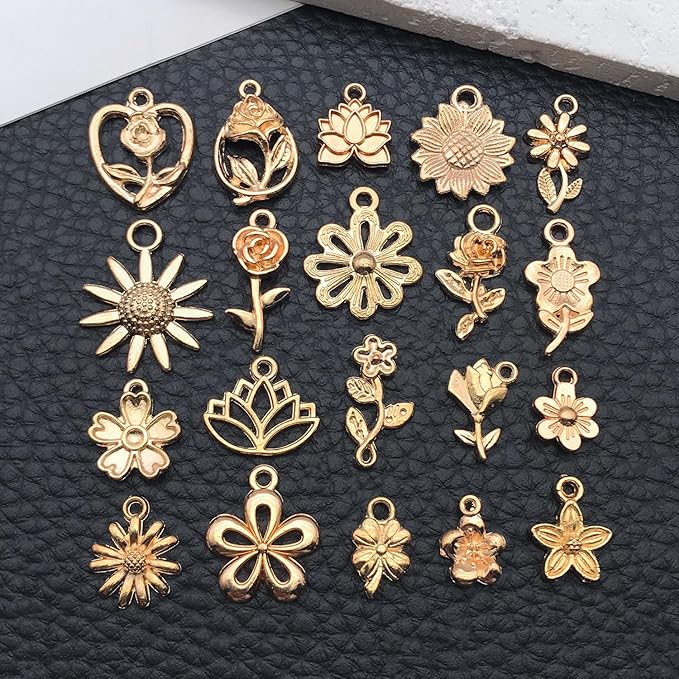 WOCRAFT 60pcs KC Gold Flowers Charms Bracelet Charms for Jewelry Making Sets DIY Necklace Bracelet Keychain Crafting Charms Kit Craft Supplies (SN878)