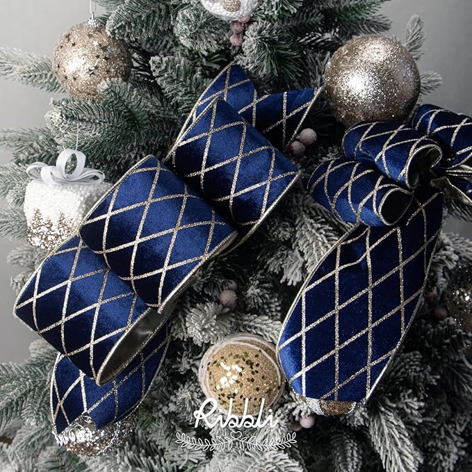 Ribbli Navy Blue Velvet Ribbon Wired with Glitter Diamond Grid 4 Inch Christmas Ribbon for Christmas Tree Decoration Big Bow Gift Wrapping Crafts Wreaths Garland Supplies - 10 Yards