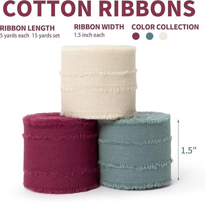 Christmas Ribbon 1-1/2 x 15 Yards Handmade Cotton Frayed Fringe Fabric Ribbons for Crafts Flower Bouquets Wedding Wreath Home DIY Decoration