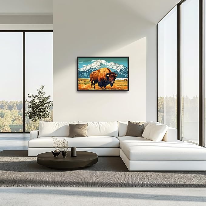Bison Cow Large Decor Framed Wall Art Western Mountain Pictures for Living Room, Animal Oversized Canvas Print Painting Modern Extra Large Framed Artwork for Bedroom Office Home Decor 36"x24"