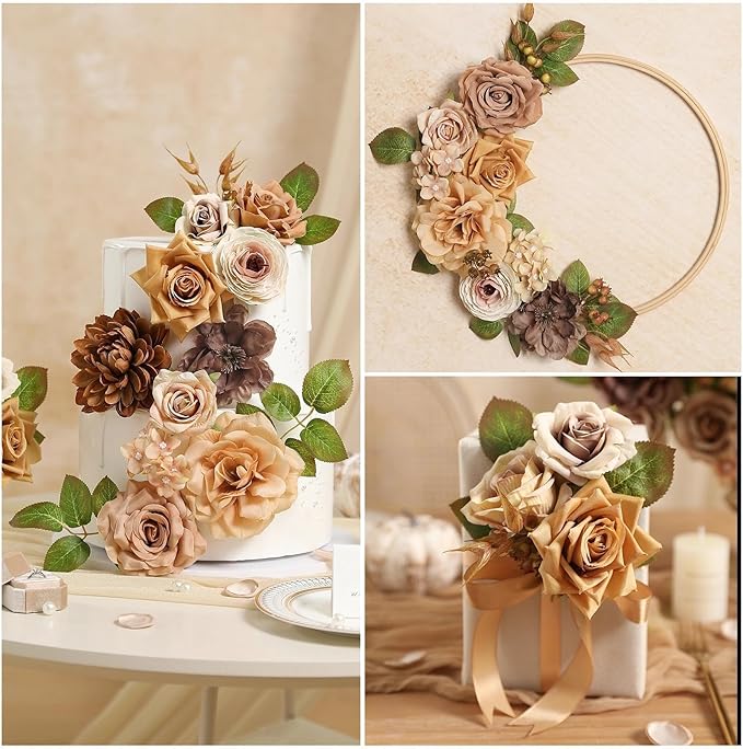 Coffee Artificial Flowers Combo Brown Silk Flowers Fake Roses Dahlia with Stems for DIY Wedding Bridal Bouquets,Table Centerpieces,Cake Floral Arrangement,Baby Shower,Birthday Home Decor