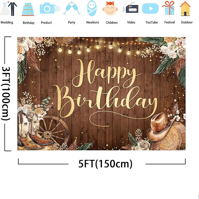 SVBright Western Cowgirl Birthday Backdrop 5Wx3H West Rustic Wooden Boho Pampas Grass Country Wild Flower Retro Boots Hat Farmhouse Floral Decorations Photography Background Banner Photo Booth Studio