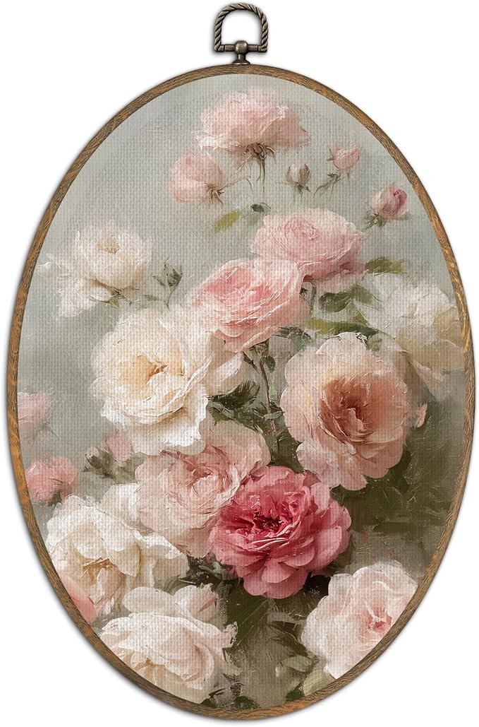 SHQIEUDH Vintage Pink Rose Floral Oval Wall Art 8.6x11.4, Cottagecore Flower Framed Canvas Prints Artwork, Retro Rustic Flowers Botanical Oval Wall Hanging Decor for Living Room Home Bedroom Kitchen