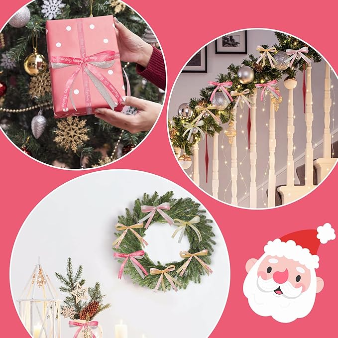 6 Rolls Christmas Ribbon for Crafts 3/8 Inch Glitter Fabric Holiday Festival Grosgrain Ribbon for Wrapping Decoration Floral Bows Craft(Pink Snowflakes)