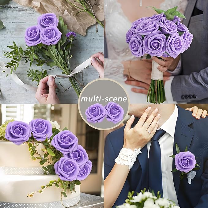 100PCS Artificial Flowers Purple Roses Real Looking Foam Fake Roses with Leaves and for DIY Wedding Bouquets Bridal Shower Centerpieces Party Decorations (Purple, 100)