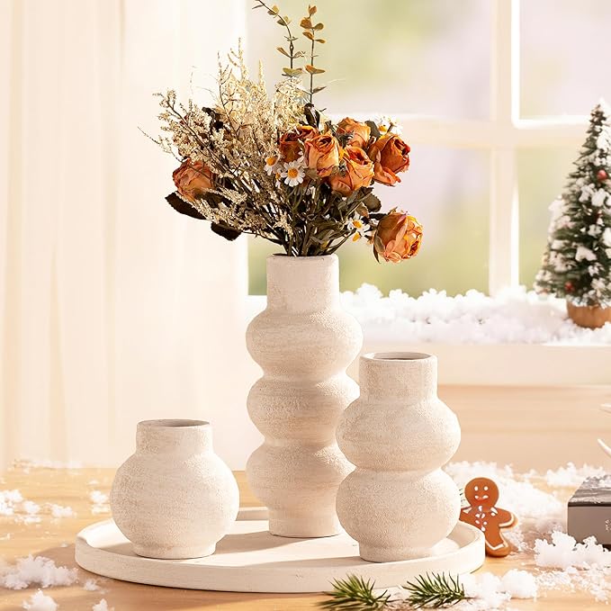 Ceramic Vase Home Table Decor - White Flower Vase Set of 3 Living Room Kitchen Decorations Farmhouse Modern Rustic Vases Decorative Centerpiece for Shelf Bedroom Office Bathroom Dining Coffee Desk