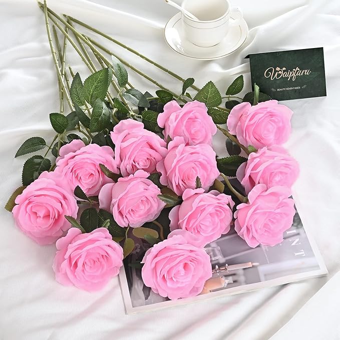 Waipfaru 12 Pcs Artificial Flowers Fake Silk Pink Roses Bulk, Faux Real Touch Roses Bouquet with Long Stem for Wedding Party Home Decor (Pink)