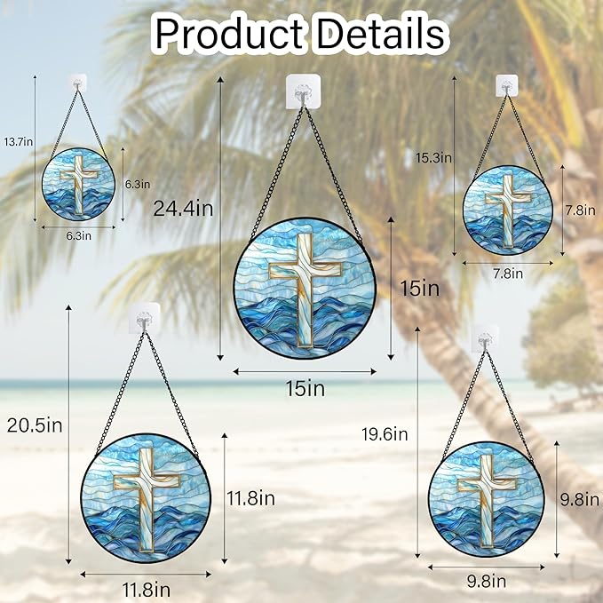 Christian Gifts for Women - Blue Cross Stained Glass Window Hanging Jesus Easter Ocean Waves Sun Catcher Garden Religion Decor Mother's Day Catholic Gift for Men Grandma Mom Her Nana 15"
