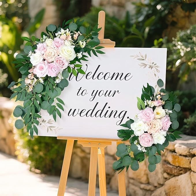 Artificial Wedding Arch Flowers (Pack of 2), White Wedding Flowers for Wedding Welcome Ceremony Sign, Faux Floral Swags, Banquet and Reception Backdrop Floral Decoration (White & Pink)