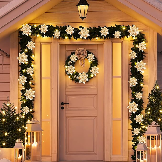 Geosar 36 Pcs Christmas Glitter Artificial Poinsettia Flowers Xmas Poinsettia Artificial Wedding Flowers Decorations Xmas Tree Ornaments with Clips for Party, 6 Inch, 4 Inch, 3 Inch(Gold)