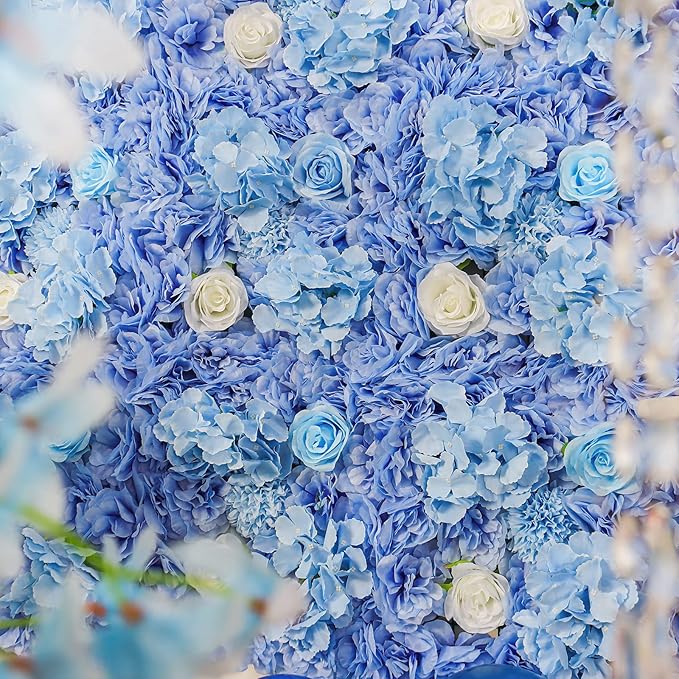 Artificial Flower Wall Panel 15*15inches -12 Pack Silk Rose Hydrangea 3D Flower Wall Décor Backdrop for Wedding Arrangement Wall Background Party Panel Decorations UV Protected Handmade -Light Blue