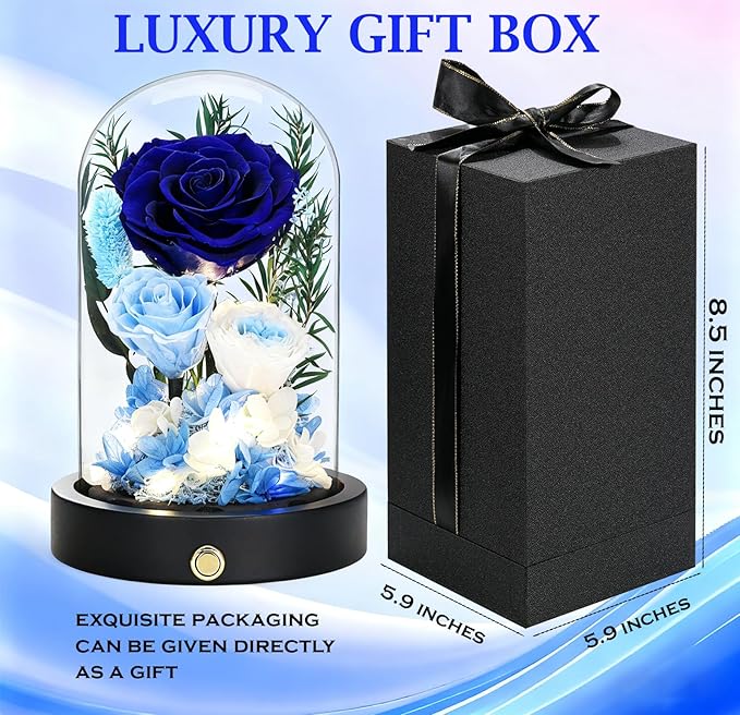 Eternal Roses, Preserved Flowers in Glass Dome, Long Lasting Roses Blue Forever Flowers for Delivery, Valentines Day Mothers Day Anniversary Birthday Gifts for Grandma Women Her Mom Girlfriend Wife