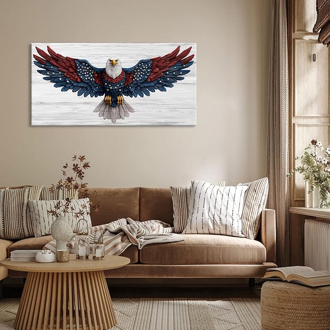 IDAFU Bald Eagle Canvas Wall Art USA Eagle Wall Décor -Patriotic Red Blue Flag Painting,USA Independence Day & 4th of July Décor,Ready to Hang for Living Room, Bedroom, Office, Dorm 58L x28W