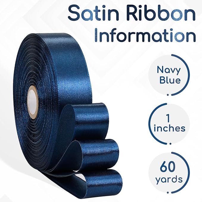 Navy Blue Satin Ribbon 1 Inch 60 Yards, Solid Polyester Fabric Ribbon for Crafts, Gift Wrapping, Birthday Party, Flower Bouquet, Bows, Wedding and Festival Decor