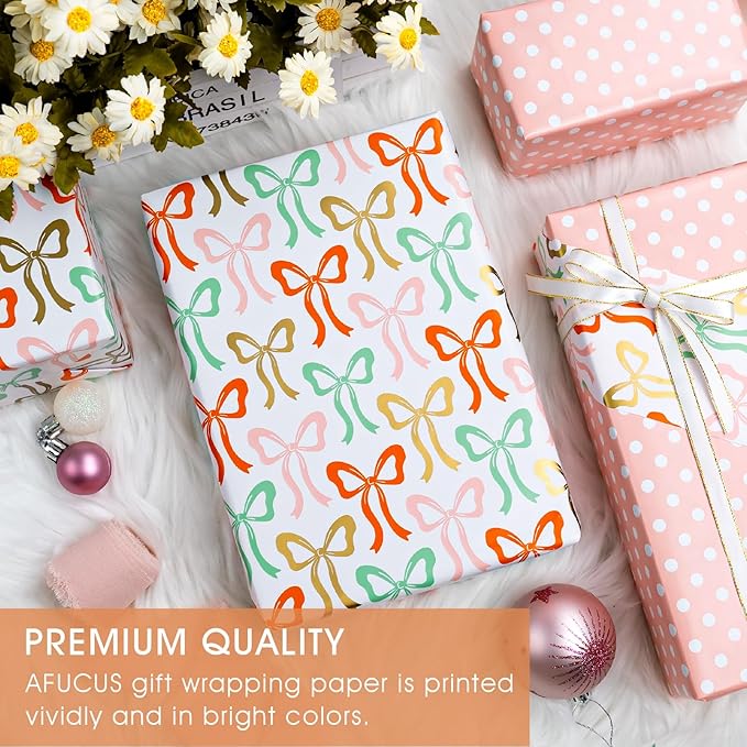 Afucus Reversible Bow Wrapping Paper, Wave point Themed Gift Wrapping Paper, Cute Mini Rolls for Girls, Women, Valentine's Day, Birthday, Mother's Day, Wedding, Baby Shower (17 Inch X 33 Feet)